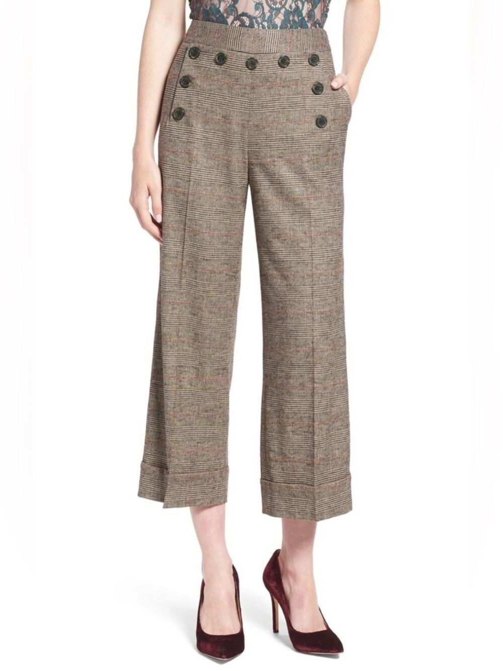 Olivia Palermo + Chelsea28 Glen Plaid Crop Wide Leg Pant Size 8
